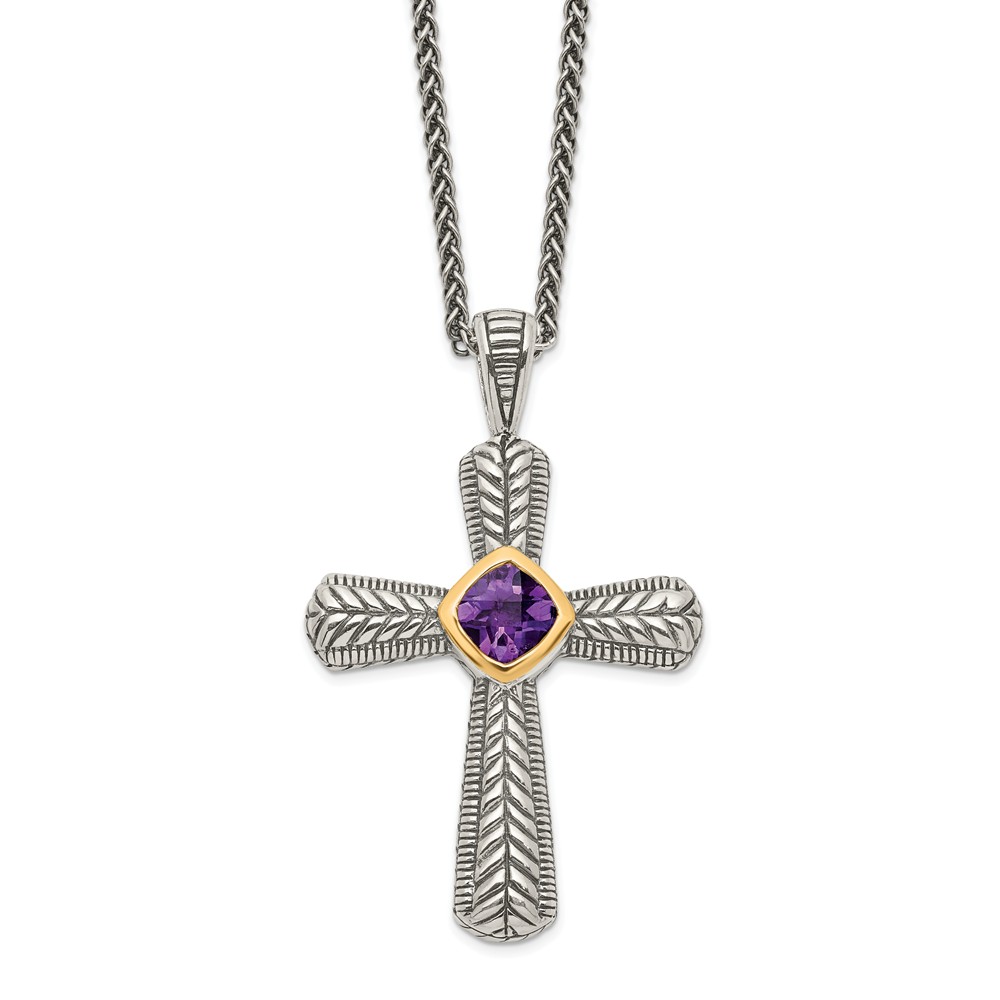 Picture of Shey Couture QTC243 Sterling Silver with 14K Gold Amethyst Cross Necklace - Antiqued & Polished
