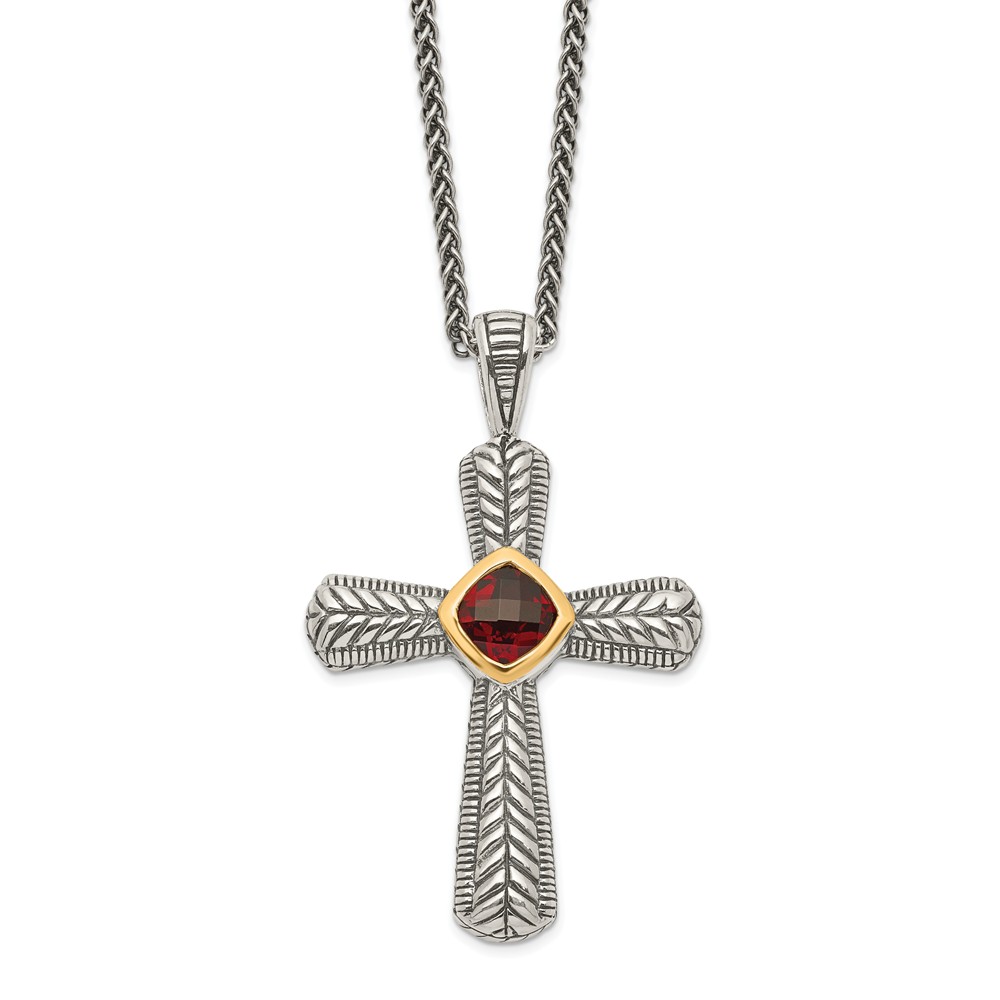 Picture of Shey Couture QTC247 Sterling Silver with 14K Gold Garnet Cross Necklace - Antiqued & Polished