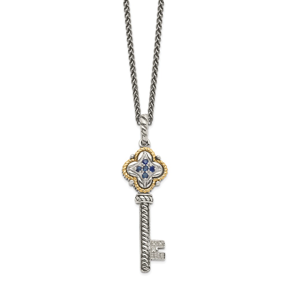 Picture of Shey Couture QTC479 Sterling Silver with 14K Gold Sapphire & Diamond Key Necklace - Antiqued & Polished
