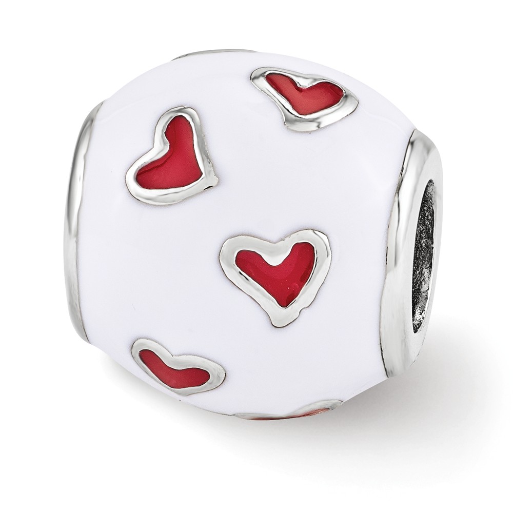 Sterling Silver Red & White Enamel Heart Bead - Polished -  Glitter, GL1614169