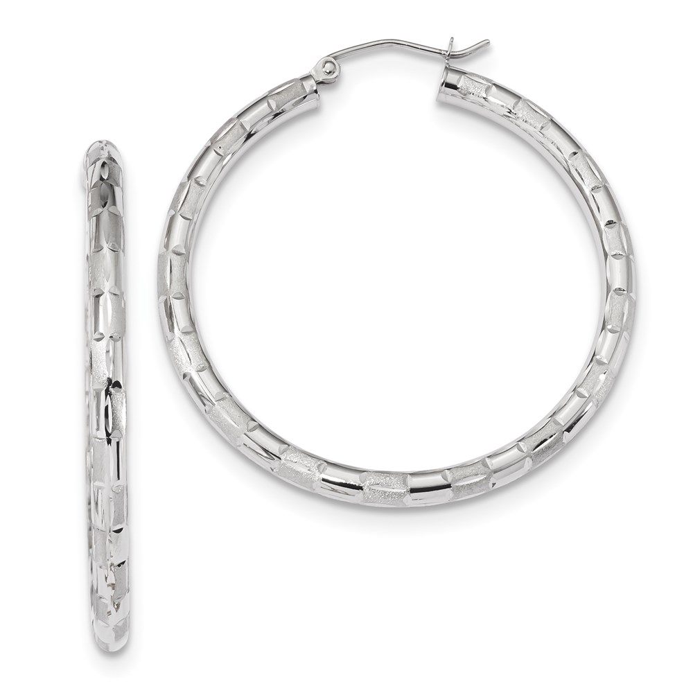 14K White Gold Polished Satin & Diamond-Cut Hoop Earrings -  Finest Gold, UBSTF1014W