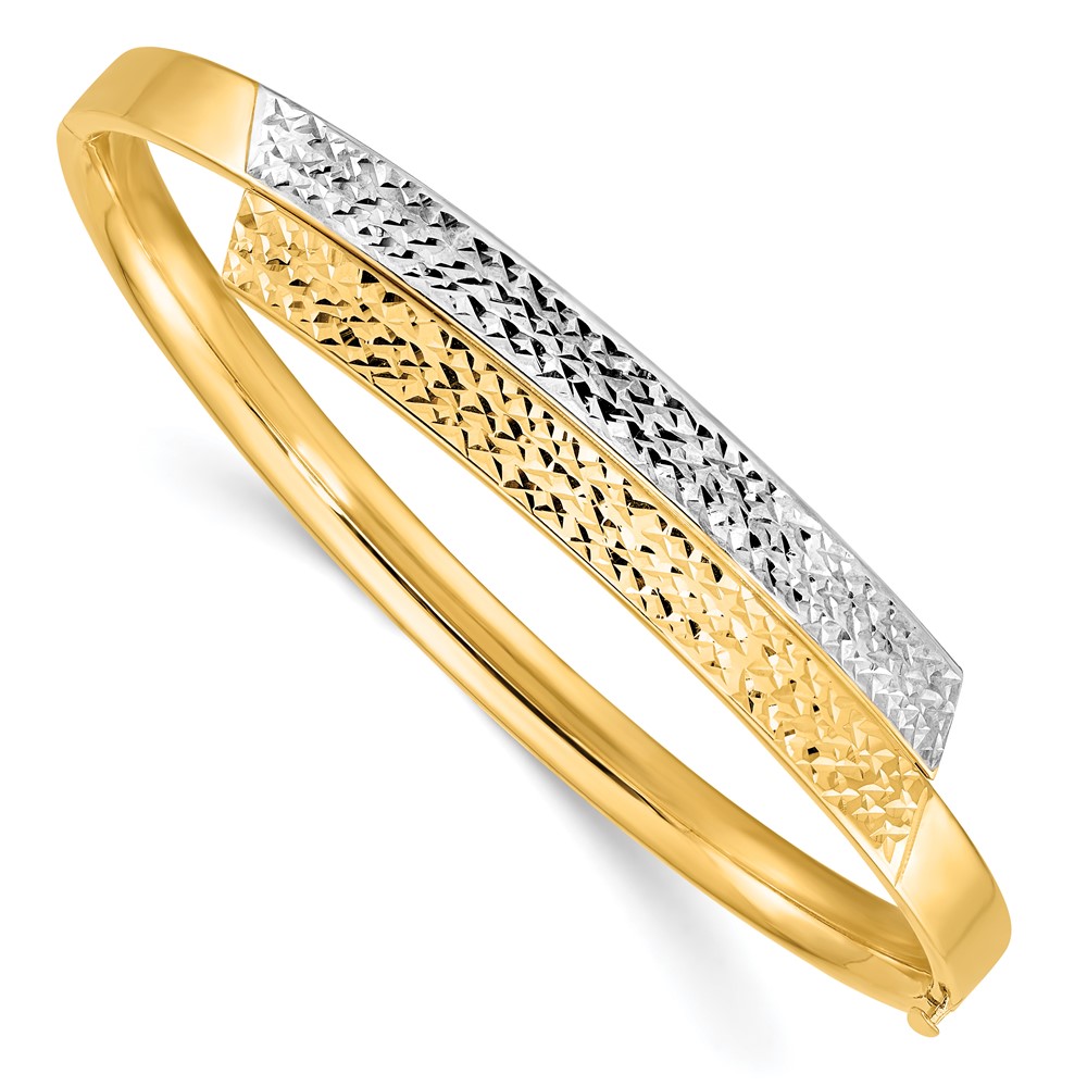 14K Yellow Gold 0.187 mm White Rhodium Diamond-Cut Overlap Hinged Bangle Bracelet -  Finest Gold, UBSDB723