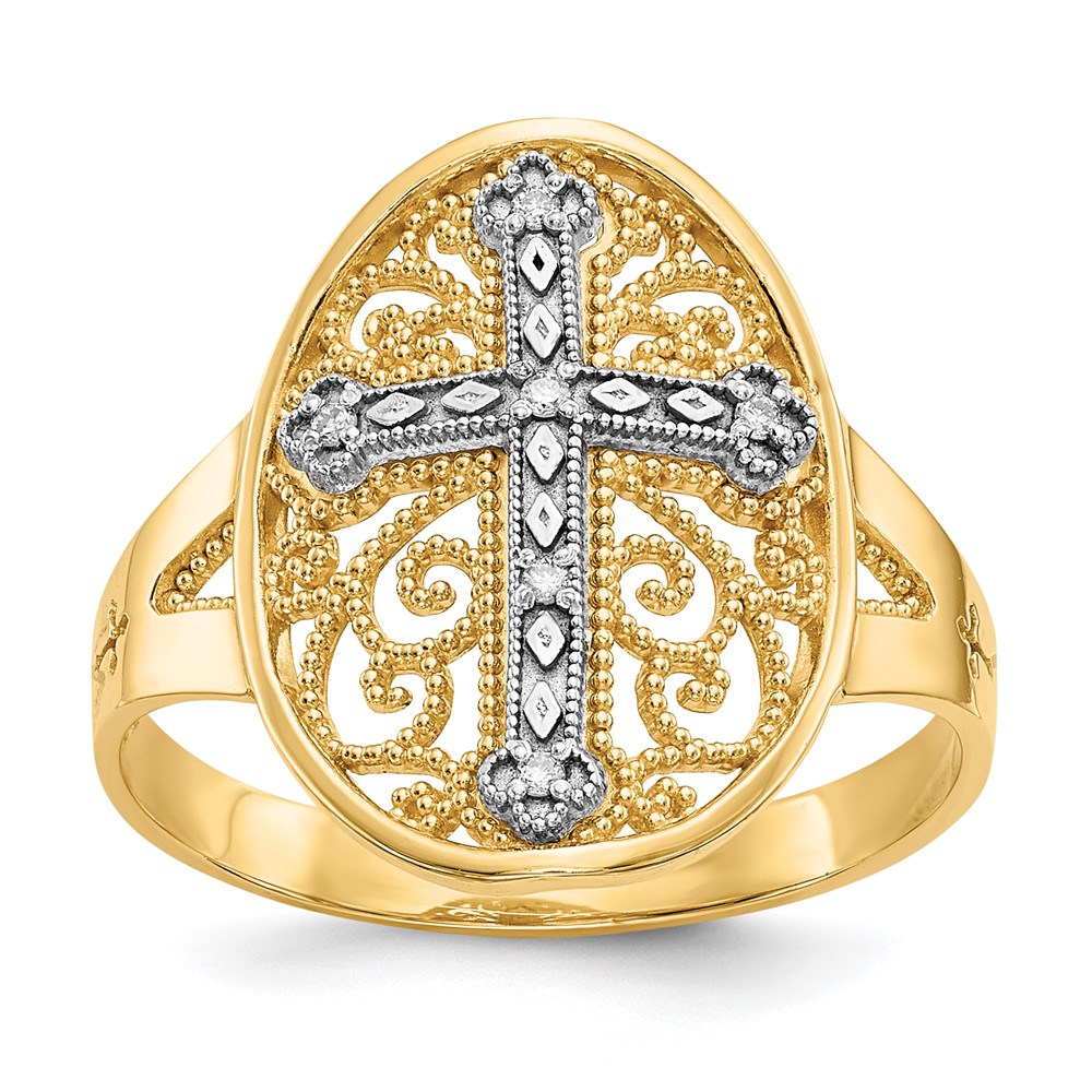 Picture of Finest Gold 14K Two-Tone Yellow &amp; White Gold Diamond Filigree Cross Ring - Size 7.5