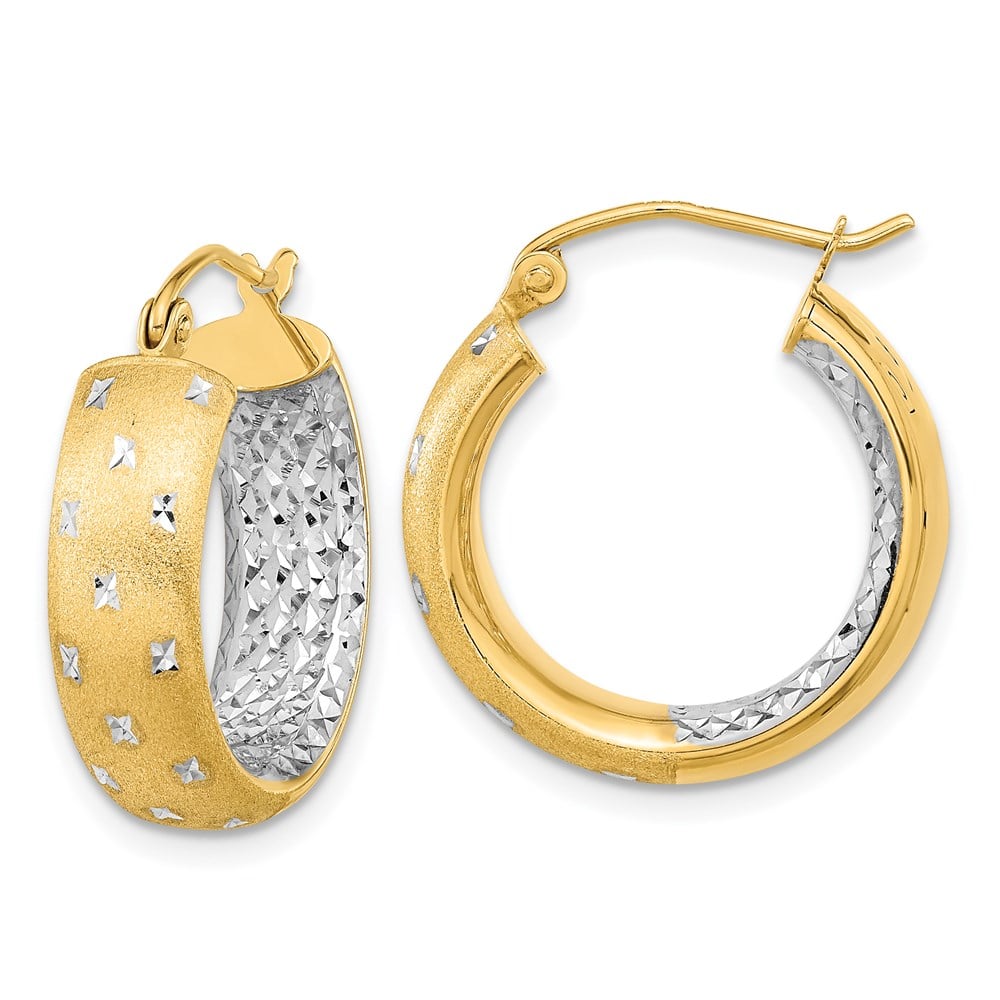 Picture of Finest Gold 14K Two-Tone White Rhodium Polished Satin Diamond-Cut In &amp; Out Hoop Earrings