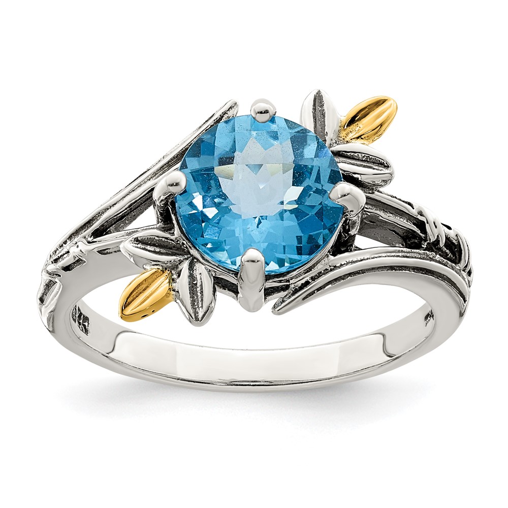 Sterling Silver with 14K Leaves Round 1.92bt Ls Blue Topaz Ring, Size 6 -  Finest Gold, UBSQTC1760-6