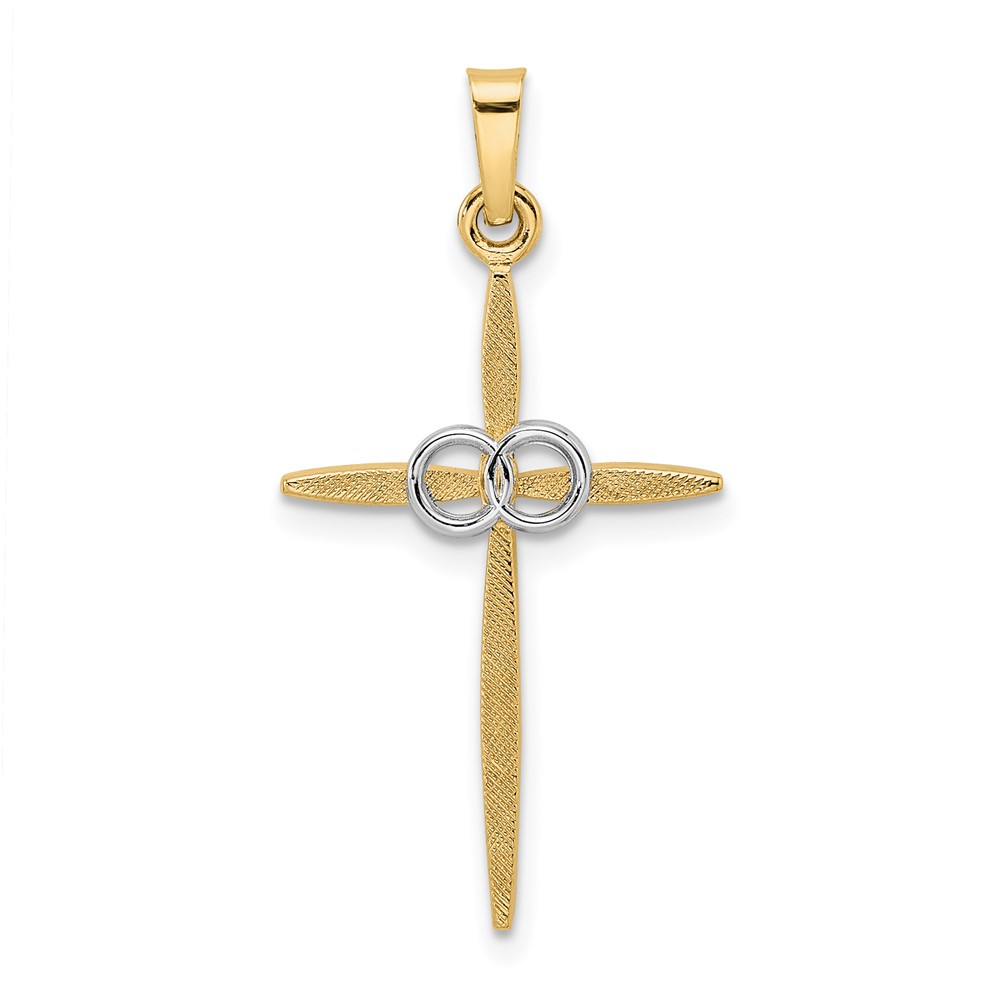 Picture of Finest Gold 14K Two-tone Polished &amp; Satin Solid Double Ring Cross Pendant