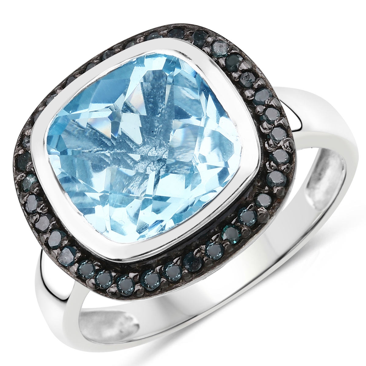 Picture of HauteFacets QR5744BSBTBLD-SSR-8 5.23 Carat Genuine Swiss Blue Topaz &amp; Black Diamond 0.925 Sterling Silver Ring