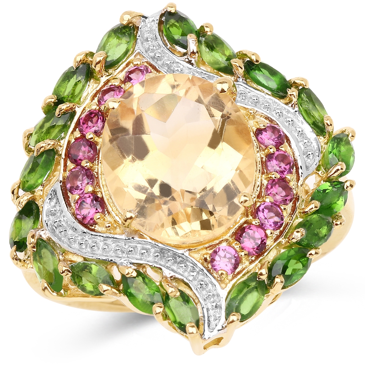 Picture of Malaika QR8112CRHCD-SS14KY-6 14K Yellow Gold Plated 6.11 Carat Genuine Citrine&#44; Rhodolite & Chrome Diopside 0.925 Sterling Silver Ring