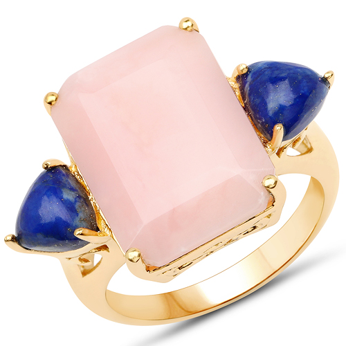 Picture of HauteFacets QR18640PINKOPLAPIS-SS18KY-7 18K Yellow Gold Plated 12.18 Carat Genuine Pink Opal &amp; Lapis 0.925 Sterling Silver Ring