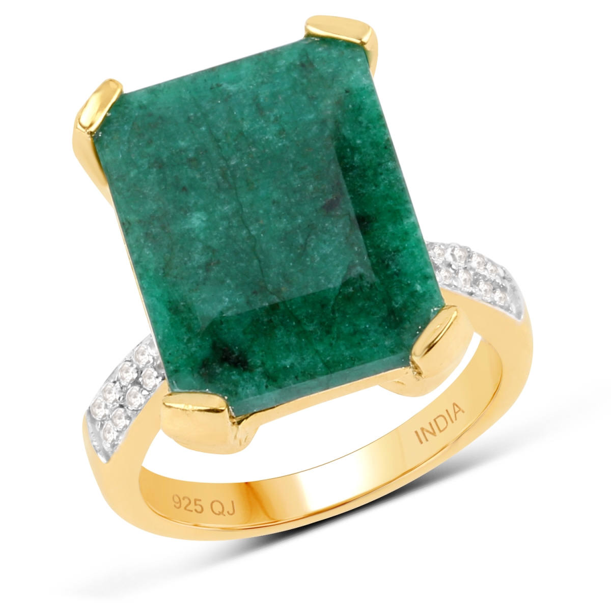 Picture of HauteFacets QR17145DYEDE-SS14KY-8 14K Yellow Gold Plated 9.76 Carat Dyed Emerald &amp; White Topaz 0.925 Sterling Silver Ring