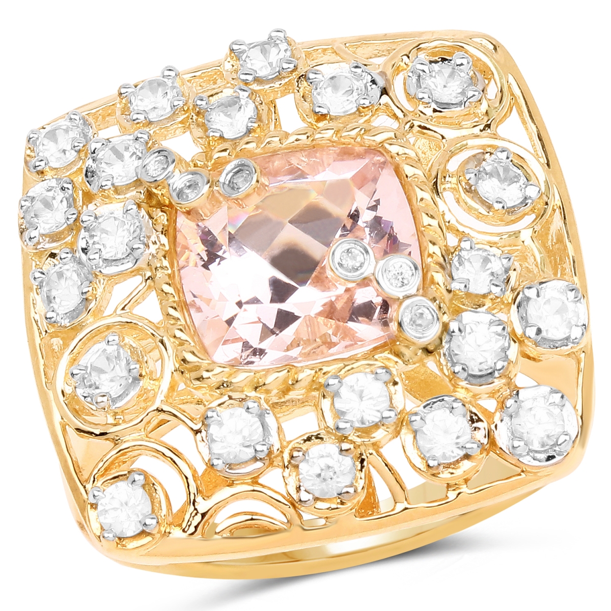 Picture of Malaika QJ407061-9 14K Yellow Gold Plated 3.33 Carat Synthartic Morganite & White Topaz 0.925 Sterling Silver Ring