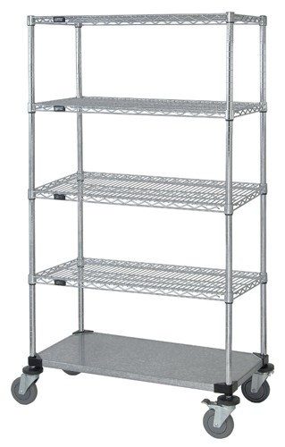 Quantum Storage M2448CG47-5 Chrome Wire Shelving 4 -Wire Shelf and 1-Solid Shelf Stem Caster Cart - 74 in.