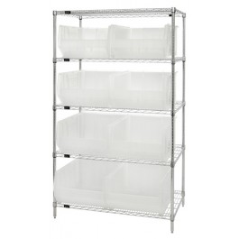 Quantum Storage WR5-955CL 5-Shelf Chrome Wire Shelving Unit With 8 Clear Plastic Storage Bins