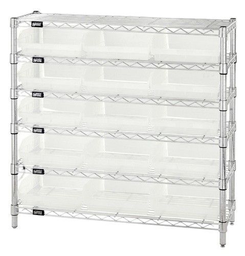 Quantum Storage WR6-36-1236-109CL 6 Shelf Wire Shelving Unit With 15 Clear Plastic Storage Bins, 12 x 36 x 36 in.