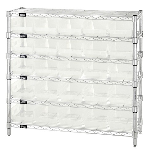 Quantum Storage WR6-36-1236-102CL 6 Shelf Wire Shelving Unit With 25 Clear Plastic Storage Bins, 12 x 36 x 36 in.