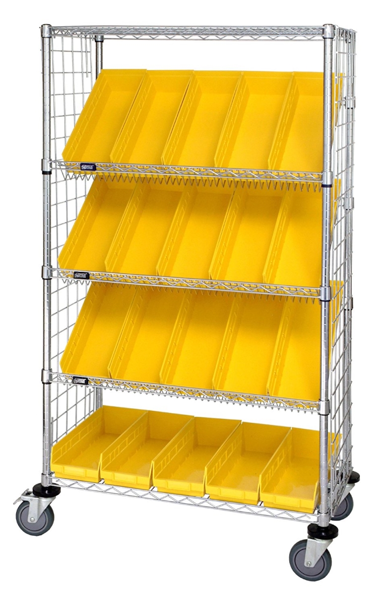 Quantum Storage WRCSL5-63-2436EP Wire Slanted Shelf Cart With Enclosure Panels, 24 x 36 x 69 in.