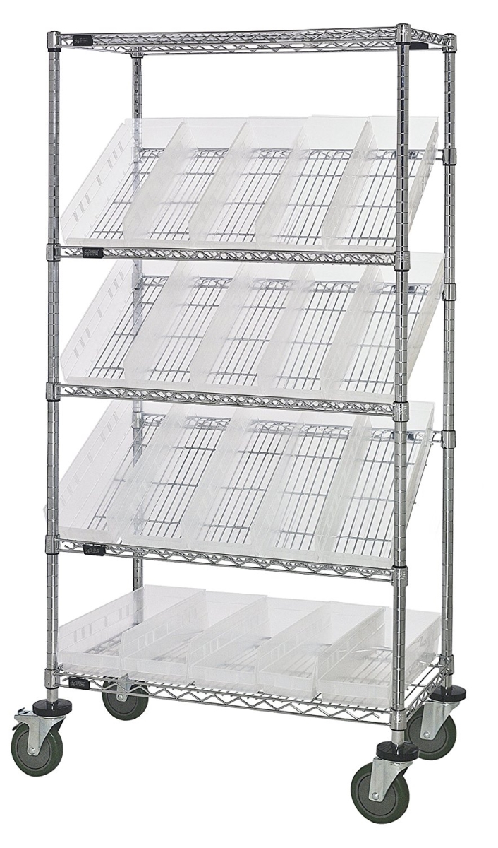 Quantum Storage WRCSL5-63-1836-104CL Tier Slanted Wire Shelving Suture Cart with Clear-View Economy Shelf Bins