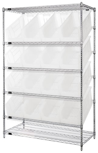 Quantum Storage WRSL6-74-2448-953CL Wire Unit Slanted Shelves With 16 Bins, Clear - 24 x 48 x 74 in.