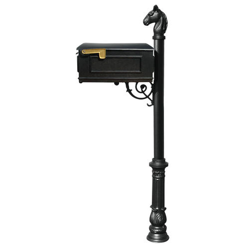 Mailbox System with Post Ornate Base & Horsehead Finial, Black
