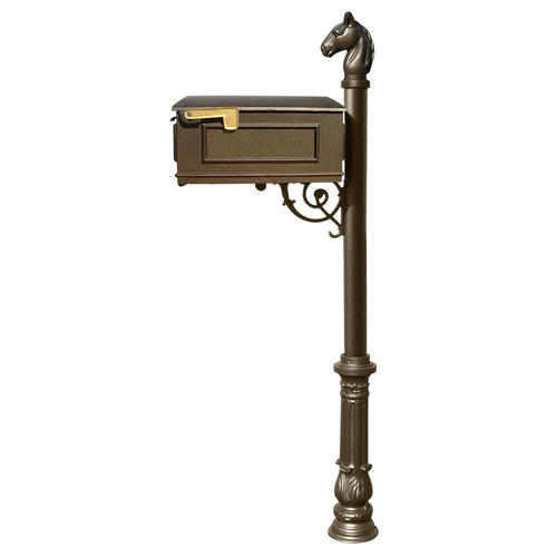 Mailbox System with Post Ornate Base & Horsehead Finial, Bronze