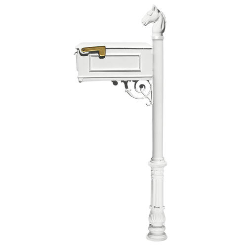 Mailbox System with Post Ornate Base & Horsehead Finial, White