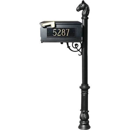 LMC-701-BL Mailbox Post System with Ornate Base & Horsehead Finial & 3 Cast Plates, Black