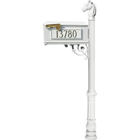 LMC-701-WHT Mailbox Post System with Ornate Base & Horsehead Finial & 3 Cast Plates, White