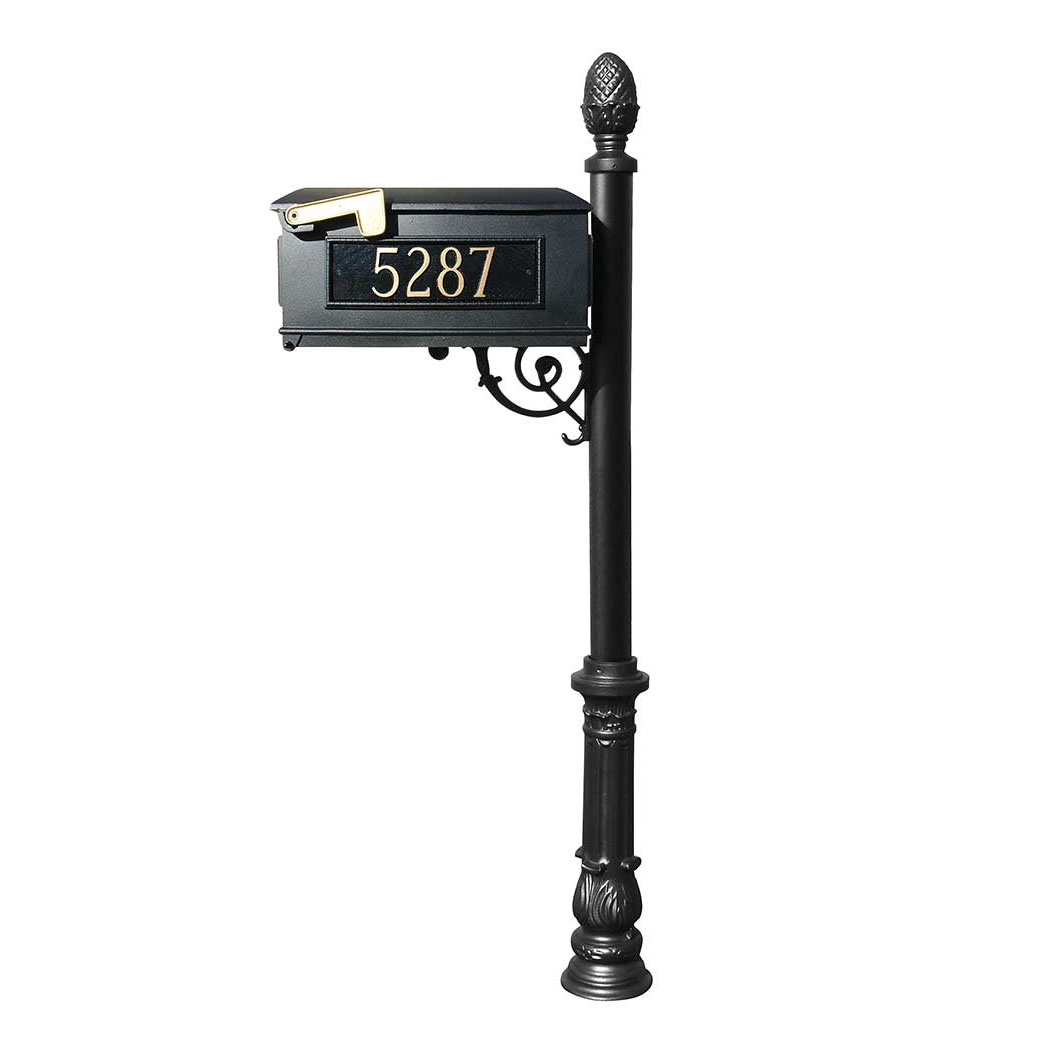 LMC-703-BL Mailbox Post System with Ornate Base & Pineapple Finial & 3 Cast Plates, Black