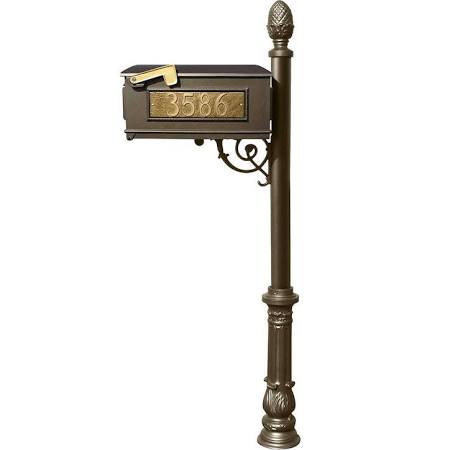 LMC-703-BZ Mailbox Post System with Ornate Base & Pineapple Finial & 3 Cast Plates, Bronze