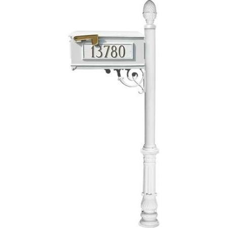LMC-703-WHT Mailbox Post System with Ornate Base & Pineapple Finial & 3 Cast Plates, White