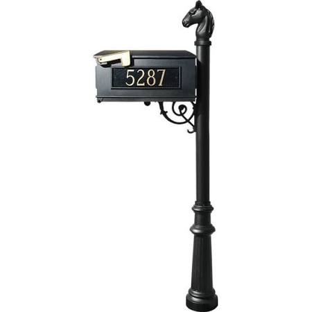 LMC-801-BL Mailbox Post System with Fluted Base & Horsehead Finial & 3 Cast Plates, Black