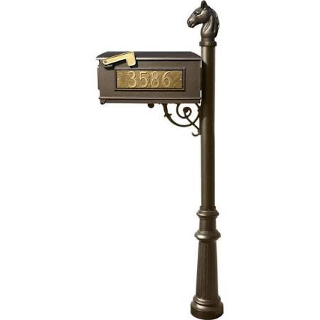 LMC-801-BZ Mailbox Post System with Fluted Base & Horsehead Finial & 3 Cast Plates, Bronze