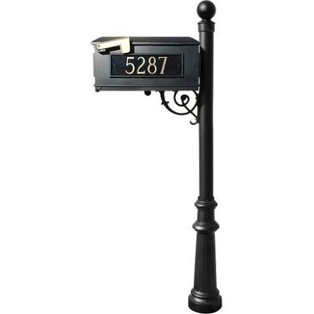 LMC-804-BL Mailbox Post System with Fluted Base & Ball Finial & 3 Cast Plates, Black