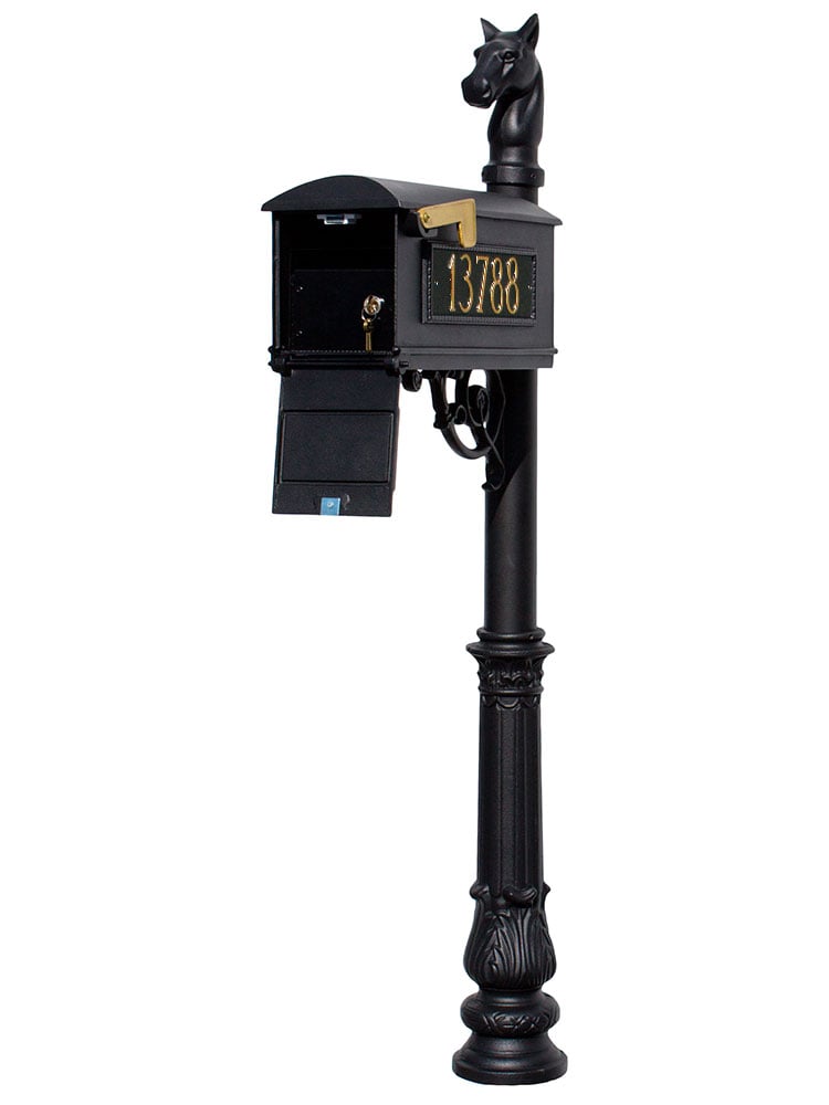 LMC-LKIT-701-BL Mailbox Locking Insert Post System with Ornate Base, Horsehead Finial & 3 Cast Plates - Black