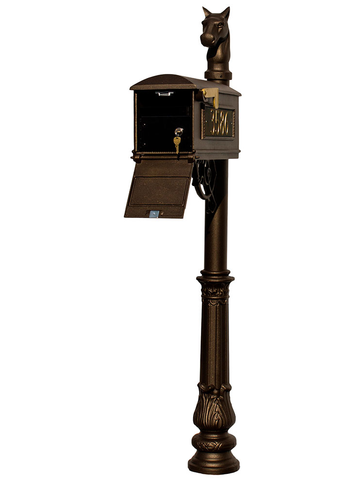LMC-LKIT-701-BZ Mailbox Locking Insert Post System with Ornate Base, Horsehead Finial & 3 Cast Plates - Bronze
