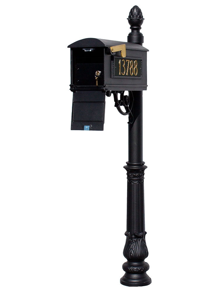 LMC-LKIT-703-BL Mailbox Locking Insert Post System with Ornate Base, Pineapple Finial & 3 Cast Plates - Black