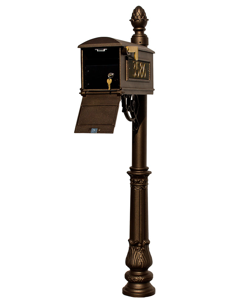 LMC-LKIT-703-BZ Mailbox Locking Insert Post System with Ornate Base, Pineapple Finial & 3 Cast Plates - Bronze