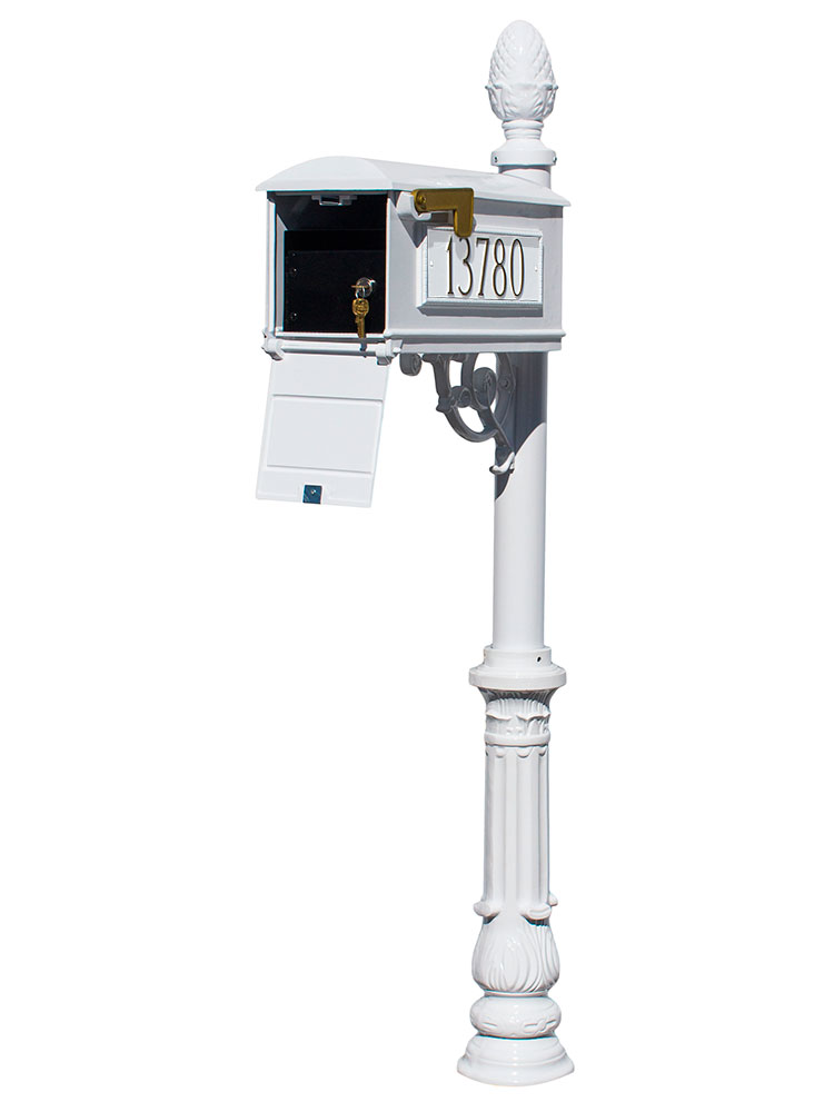 LMC-LKIT-703-WHT Mailbox Locking Insert Post System with Ornate Base, Pineapple Finial & 3 Cast Plates - White
