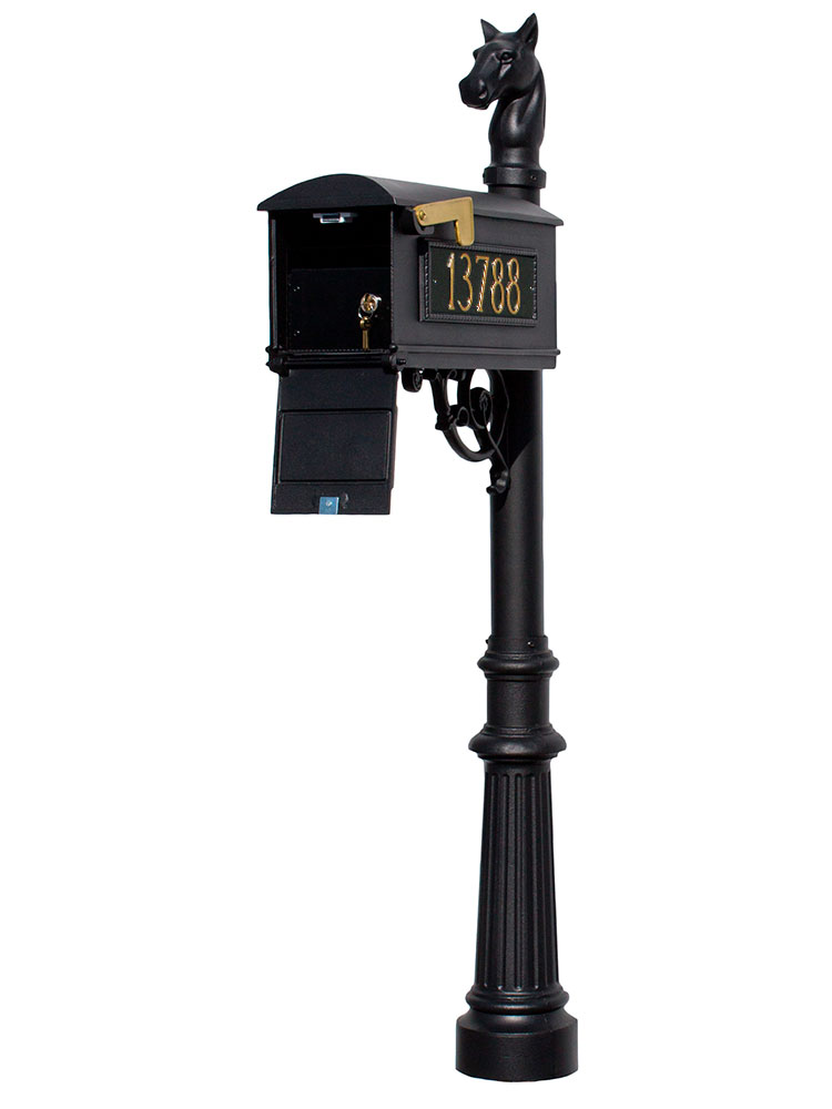 LMC-LKIT-801-BL Mailbox Locking Insert Post System with Fluted Base, Horsehead Finial & 3 Cast Plates - Black