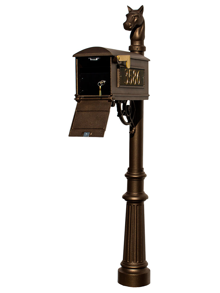 LMC-LKIT-801-BZ Mailbox Locking Insert Post System with Fluted Base, Horsehead Finial & 3 Cast Plates - Bronze