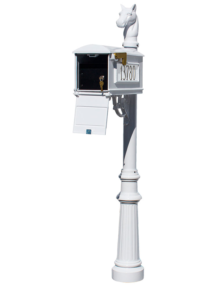 LMC-LKIT-801-WHT Mailbox Locking Insert Post System with Fluted Base, Horsehead Finial & 3 Cast Plates - White