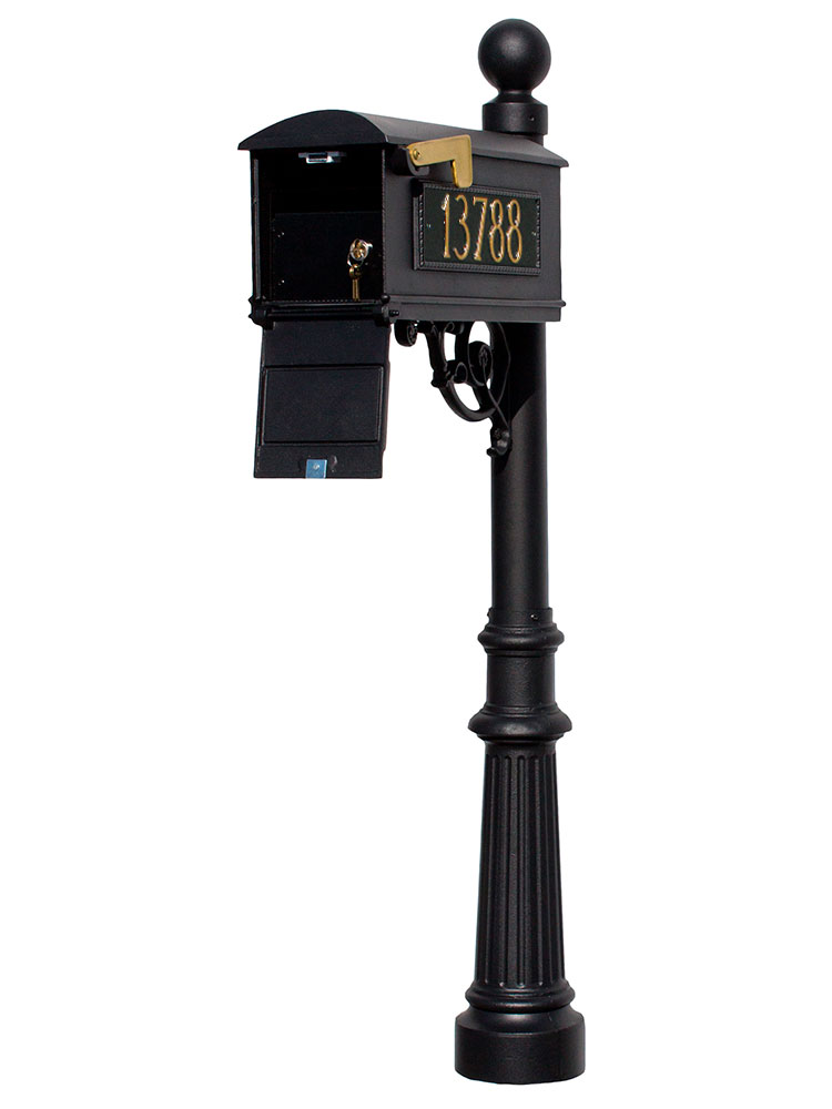 LMC-LKIT-804-BL Mailbox Locking Insert Post System with Fluted Base, Ball Finial & 3 Cast Plates - Black