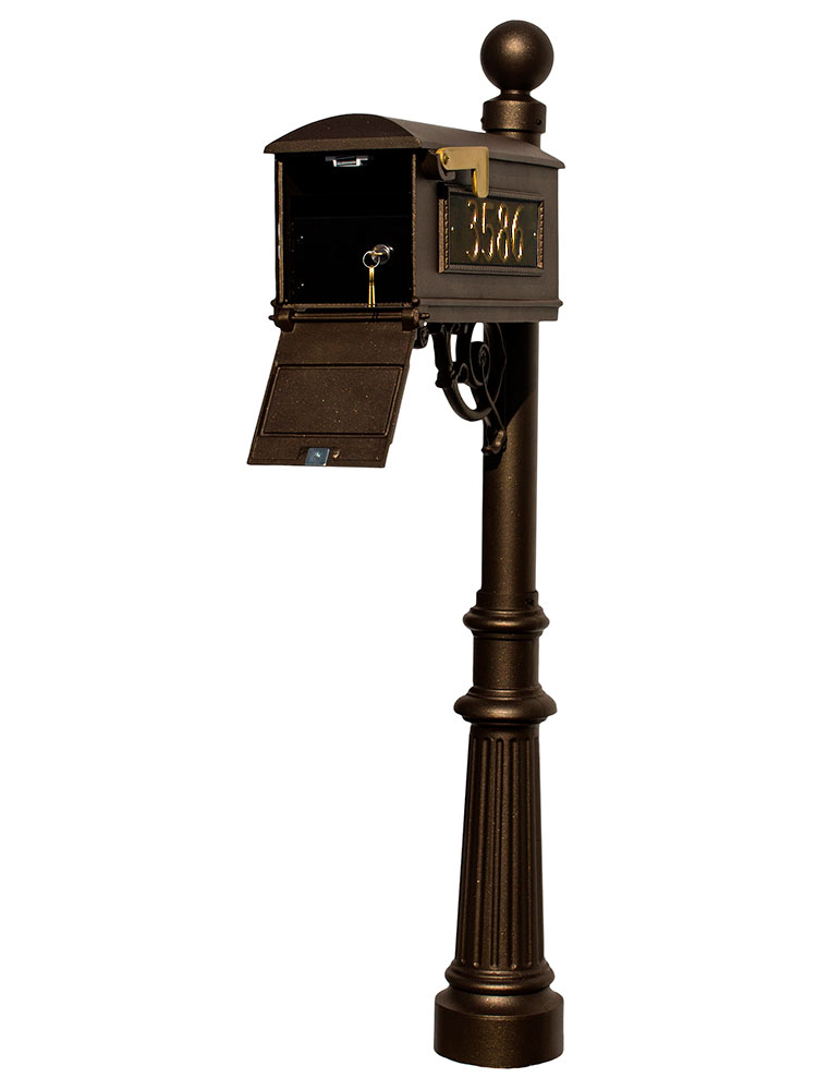 LMC-LKIT-804-BZ Mailbox Locking Insert Post System with Fluted Base, Ball Finial & 3 Cast Plates - Bronze
