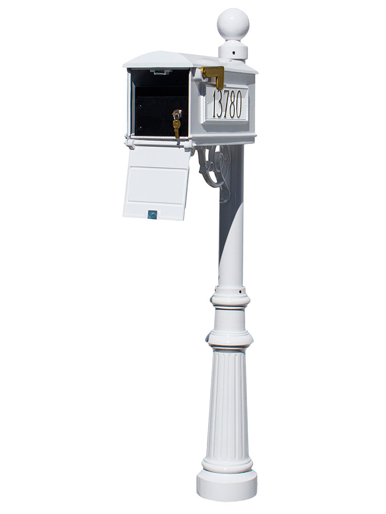 LMC-LKIT-804-WHT Mailbox Locking Insert Post System with Fluted Base, Ball Finial & 3 Cast Plates - White