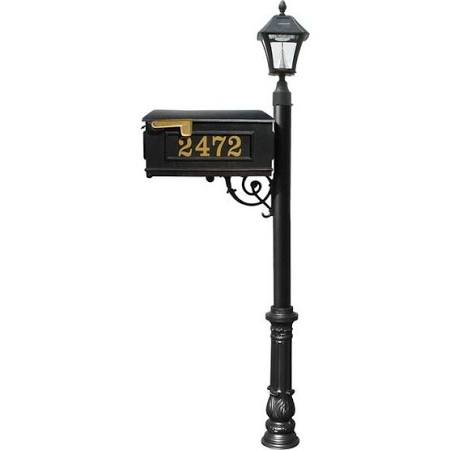 LMCV-700-SL-BL Mailbox Post System with Ornate Base & Bayview Solar Lamp, Black