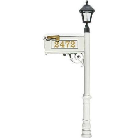 LMCV-700-SL-WHT Mailbox Post System with Ornate Base & Bayview Solar Lamp, White