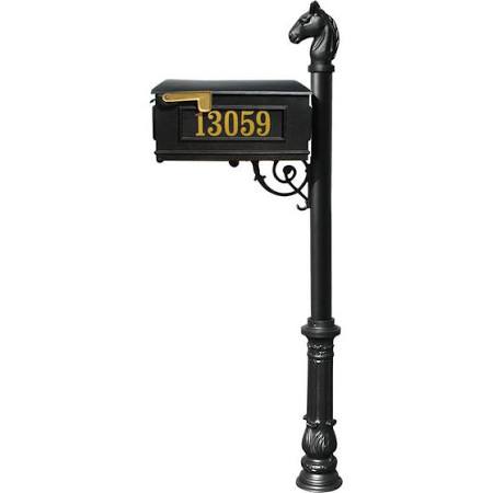 LMCV-701-BL Mailbox Post System with Ornate Base & Horsehead Finial, Black