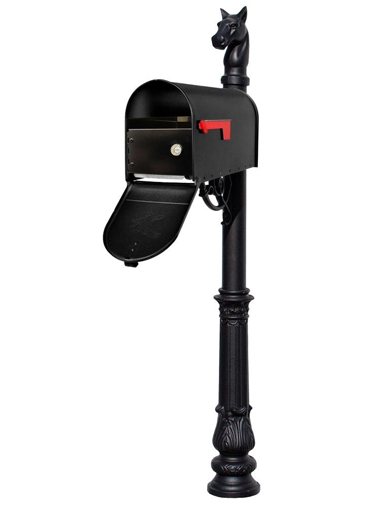 LPST-E1-LKIT-701-BLK E1 Economy Mailbox Locking Insert System with Ornate Base & Horsehead Finial, Black