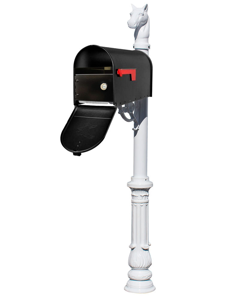 LPST-E1-LKIT-701-WHT E1 Economy Mailbox Locking Insert System with Ornate Base & Horsehead Finial, White