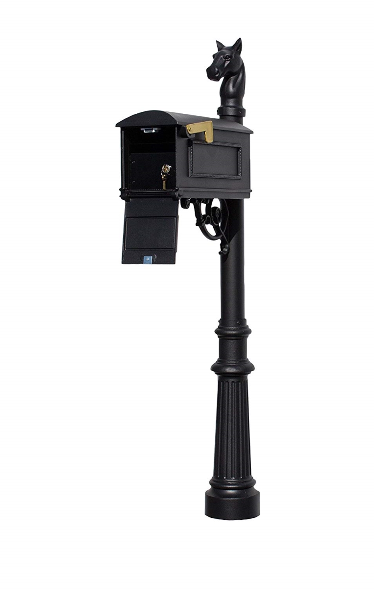 LML-801-BL Lewiston Equine Mailbox Post System with Locking Insert, Fluted Base & Horsehead Finial - Black